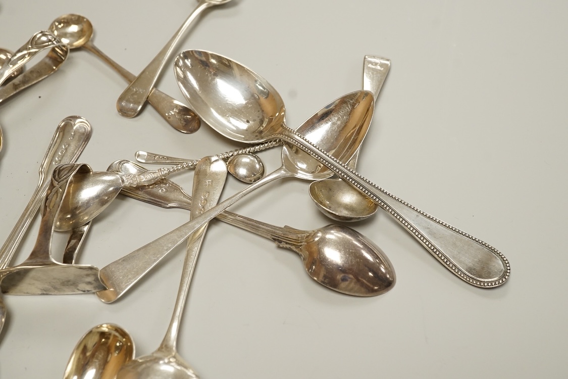 A small collection of assorted mainly 19th century silver flatware, including teaspoons, dessert forks, condiment spoons, serving spoon, etc. various dates and makers, 21.6oz.